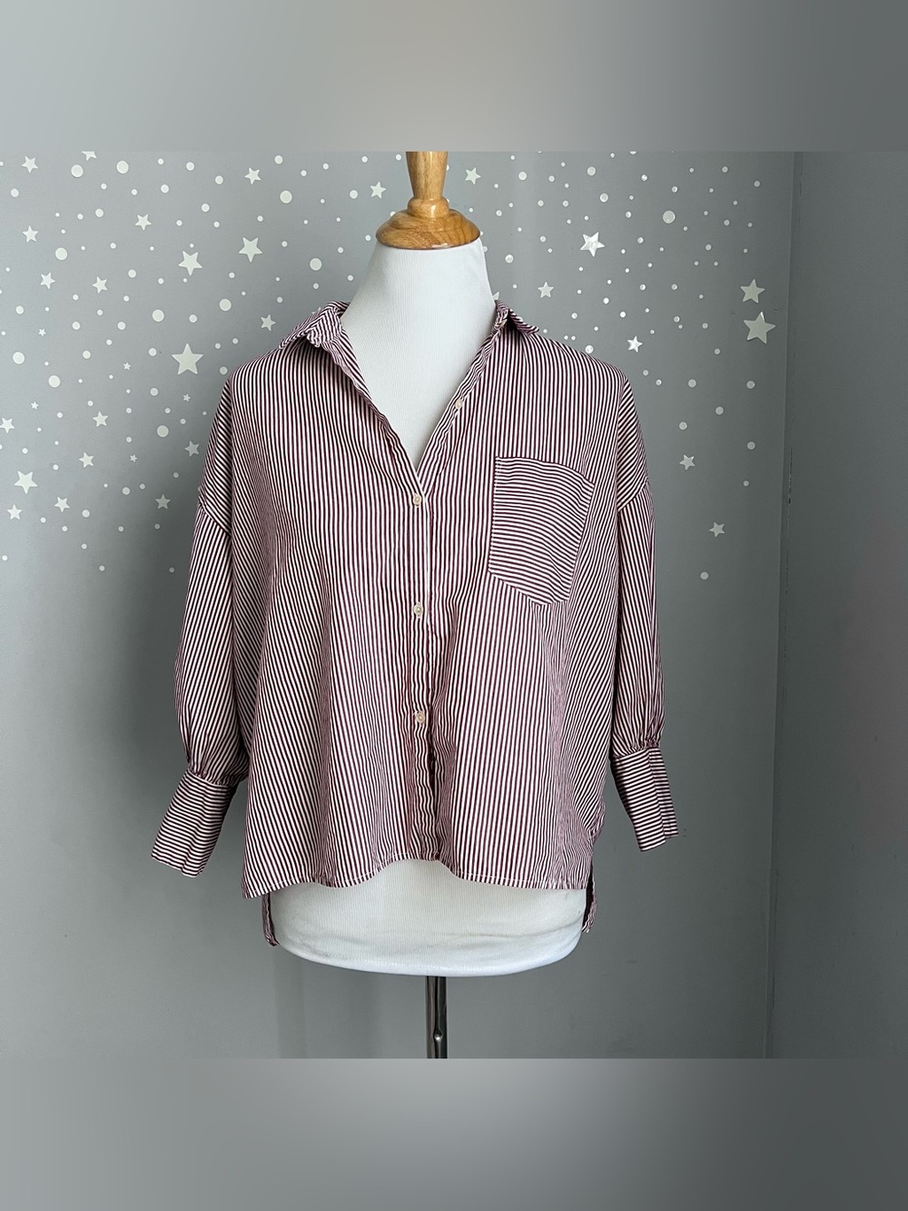 Nili Lotan Lonnie Burgundy Striped Cotton Button Down Shirt Women's S